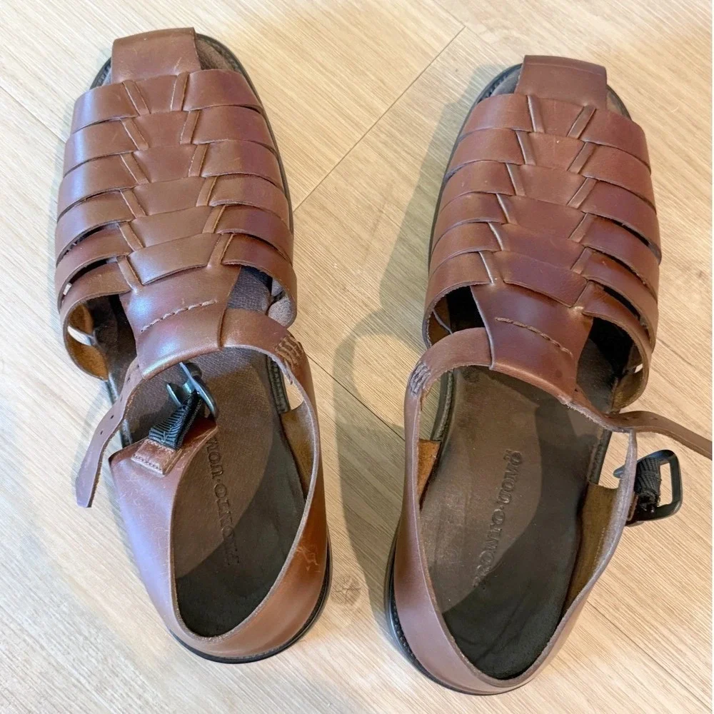Pronto Uomo Mens 9M Brown Genuine Leather Woven Fisherman Sandals Buckle Summer